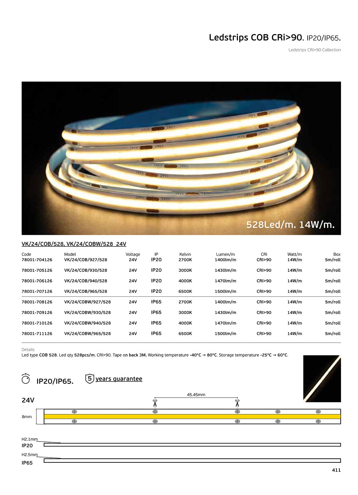 LED-Streifen COB 24 V, CRI 90, IP 20, 3000 K/4000 K, dimmbar (5 m)