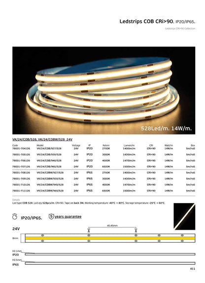 LED-Streifen COB 24 V, CRI 90, IP 20, 3000 K/4000 K, dimmbar (5 m)