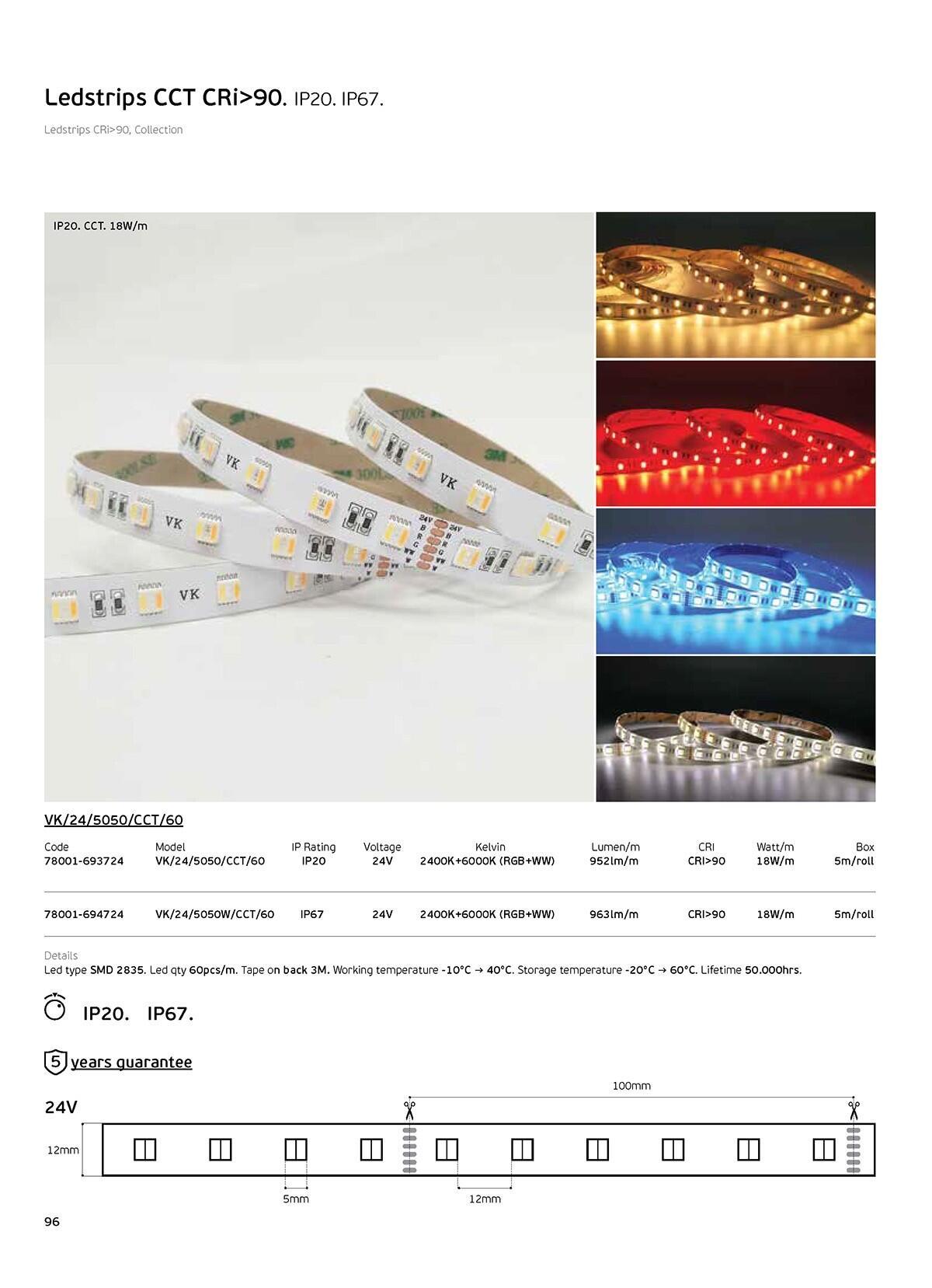 LED RGB+CCT 24 V 18 W/m CRI90 IP20 2400 K–6000 K (5 m)