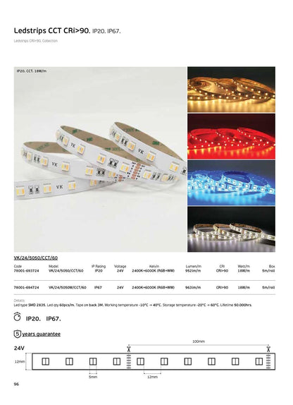 LED RGB+CCT 24 V 18 W/m CRI90 IP20 2400 K–6000 K (5 m)
